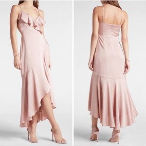 Express satin ruffle wrap high low dress